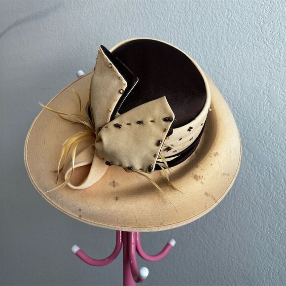 Midnight Velvet Accessories - Midnight Velvet Vintage Beige Hat Beaded Bow & Feathers One Size